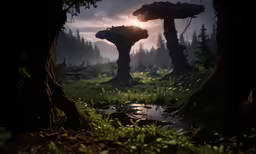 a sci - fi avatar is in the distance through some trees