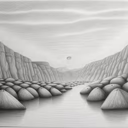 a drawing of water and rocks,a drawing of rocks and water at the bottom,a drawing that is on a piece of paper,a black and white painting of some mountains and water,the artwork shows an abstract landscape, which includes rocks and water