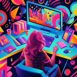 a woman is at a computer desk with colorful shapes