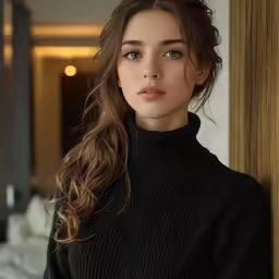 a woman is posing for a photograph in black clothing