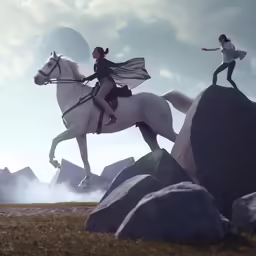 two girls on horses are standing on rocks