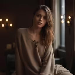 a woman in a brown sweater looking out the window