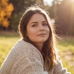 the beautiful woman in the sweater is sitting down