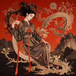an oriental woman wearing a large geisha gown on a hill