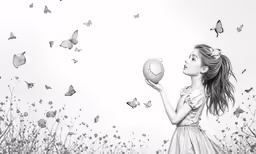 girl holding an object with butterflies flying above her