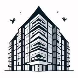 a building with many windows on top of it,a graphic showing a high rise building surrounded by birds