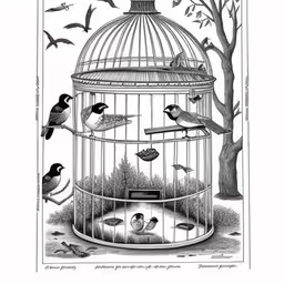 a birdcage with birds in it, birds are flying around,a bird in a cage that has many birds in it,a drawing of birds in a cage with trees and birds flying around,a drawing of birds and trees in a cage,a drawing of birds in a cage