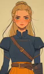 a girl with blonde hair, wearing a blue shirt and skirt