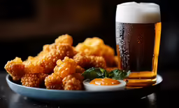 a plate with fried food and a glass of beer