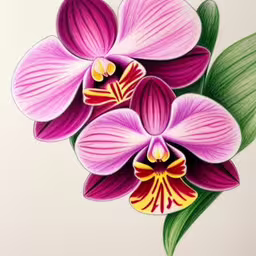 three flowers painted in pencil on paper,a painting of a pink flower that is next to green leaves