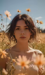 a woman standing in the middle of a field of daisies