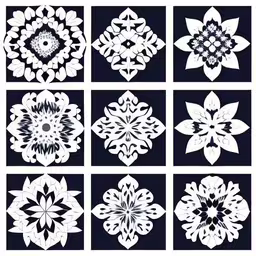 the eight images of stylized abstract art that make it look like they have been drawn together,six squares with black and white designs arranged together,six square pieces of paper cut to look like different shapes and patterns,four snowflakes in six squares that are drawn from white paper,eight different patterns with various shapes and sizes