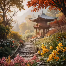 a small japanese garden with flowers and a pagoda