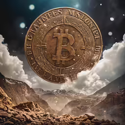 a bitcoin floating in the air with clouds behind it