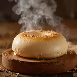 a white doughnut that has been cooked on top of a wooden surface