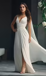 a beautiful woman posing in a white dress