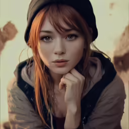 a girl with a hat on and a hand under her chin