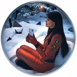 a girl in an orange catsuit sitting in the snow