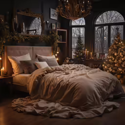 a bed room with a very large bed and many lights