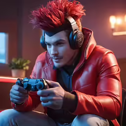 man with hair dyed red holding a video game controller