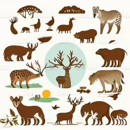 the different types of animals are in this illustration,some different animals on a white and brown background