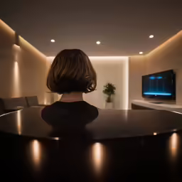 a woman looking up at the television in a very dimly lit room