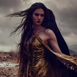 woman in golden evening dress with veil in rain