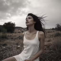 a woman in white shirt sitting on a field