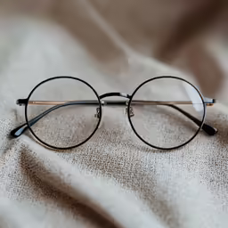 black glasses are resting on a beige blanket