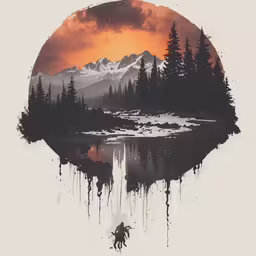 there is a round painting of trees and mountains
