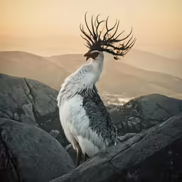 a bird with its head covered in feathers standing on top of rocks