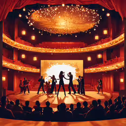 some people dancing in a large stage with lighting,the four girls are standing on stage singing