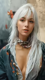 a woman with white hair and a scarf around her neck