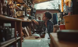 a boy with a cup sitting in a coffee shop