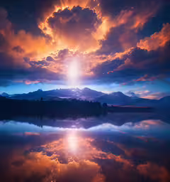a large cloud filled sky above water,some clouds over a water with mountains in the background