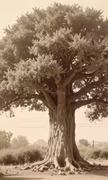 a very large tree with lots of trees around it,the tree is dying on the side of the road