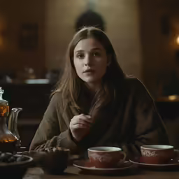 woman sitting at a table with two cups and an iron kettle