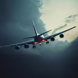 an airplane flying in the dark sky with clouds