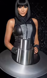 a woman in a leather outfit is posing with a silver pot