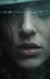 a woman is looking through water with raindrops on her face