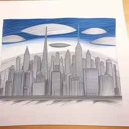 a drawing of some buildings on a table,a drawing of the empire building in new york city
