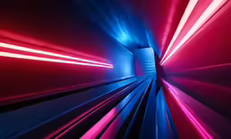 a tunnel with red, blue and pink light streaks in the ceiling