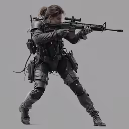 the female soldier in full body paint is holding her rifle and aiming it