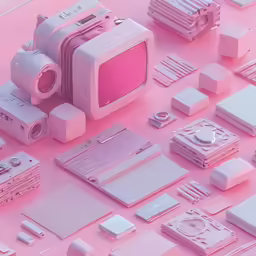 an assortment of pink and grey objects with a camera