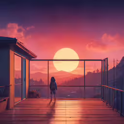 an anime scene shows two people walking towards the sun,a woman looks out the windows at a sunset