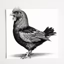 a black and white chicken is standing on its legs
