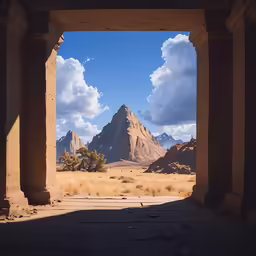 an old building with arches that are opening to the mountains