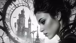 a woman with a clock and clock tower in the background
