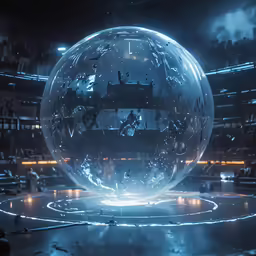 a large sphere of glass in front of a stage