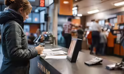 a woman looks at some information on the table